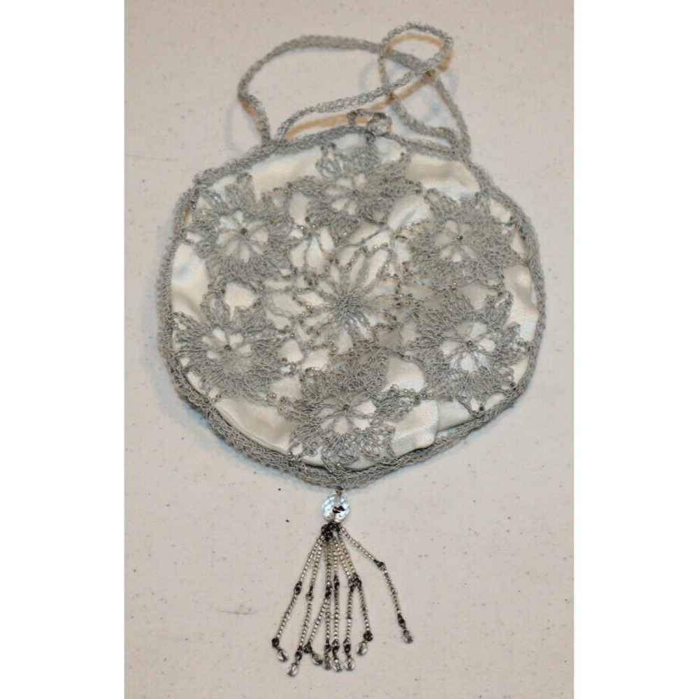 Lisa Toland round crocheted metal beaded evening bag purse gray & ivory romantic